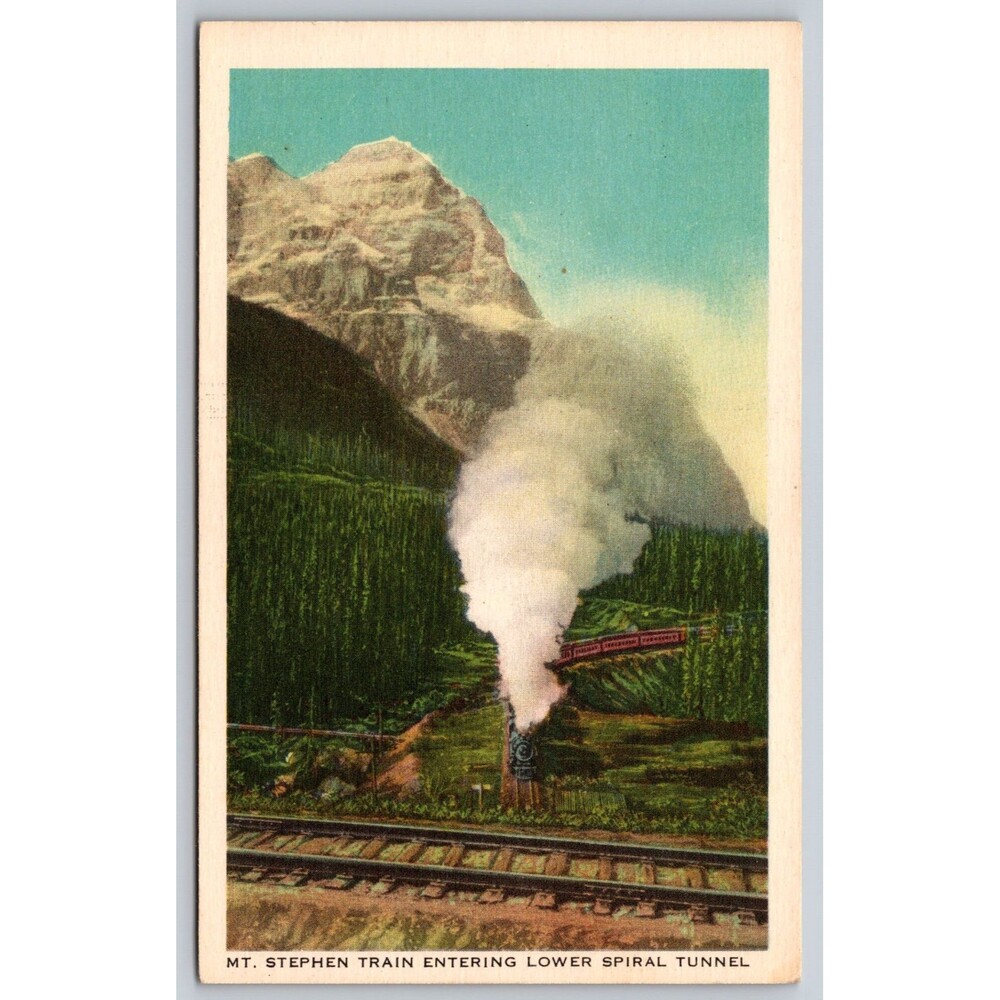 Vtg Postcard Mt Stephen Train Entering  Lower Spiral Tunnel Canadian Pacific RR